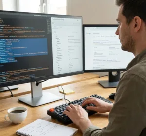 Developer reviewing code on a computer screen