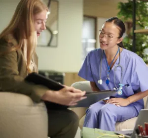Healthcare recruiter speaking with a nurse candidate during the hiring process